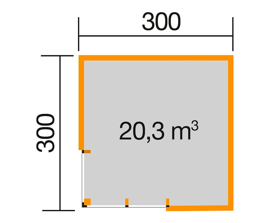 Grundriss des grauen Weka Design-Wochenendhauses mit Fensterfront, 44 mm (412 Gr. 1), mit den Maßen 300 x 300 cm.