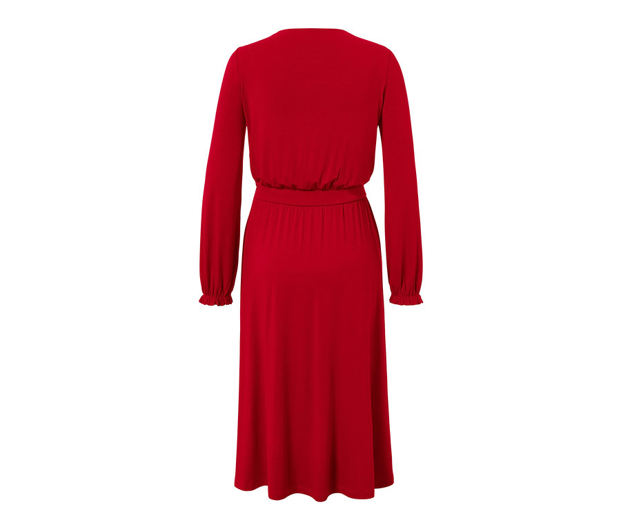 Rotes Jerseykleid in Midi-Länge mit langen Ärmeln und elastischer Taille.