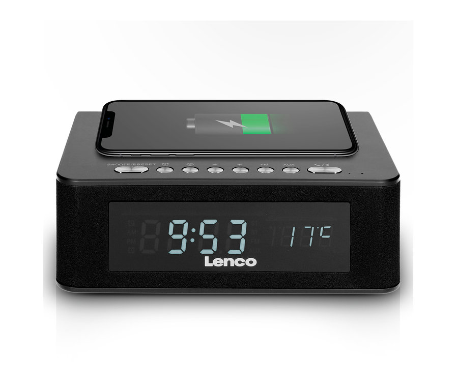 Schwarzes Lenco Bluetooth® Uhrenradio mit Qi-Charger mit Telefon oben drauf.