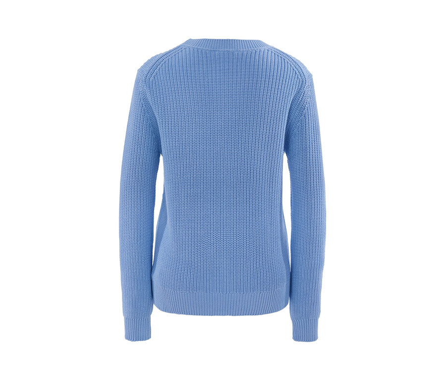 Blauer Strickpullover aus reiner Baumwolle.
