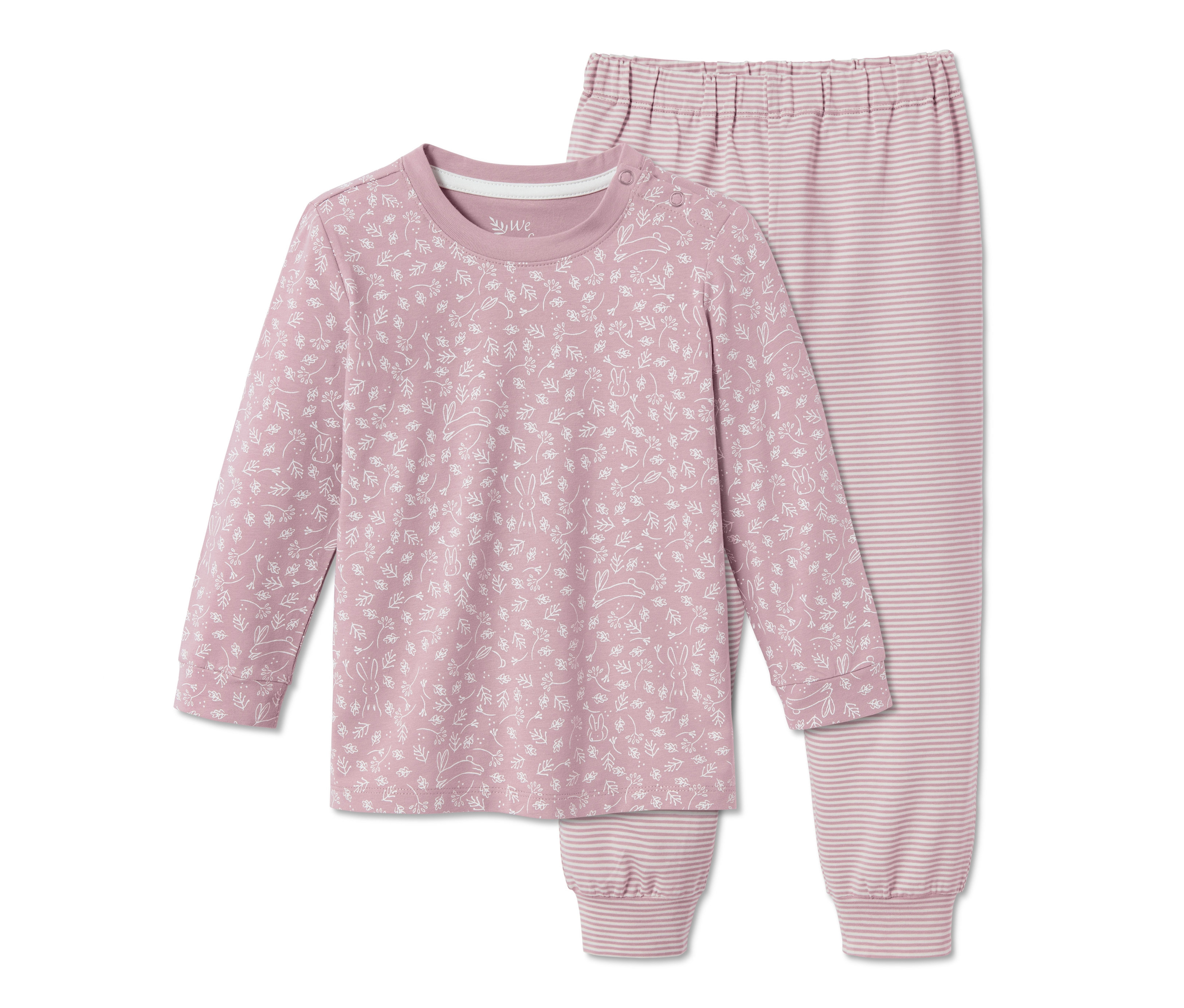 Rosa Pyjama mit Hasen- und Blumenmuster und gestreifter Hose.