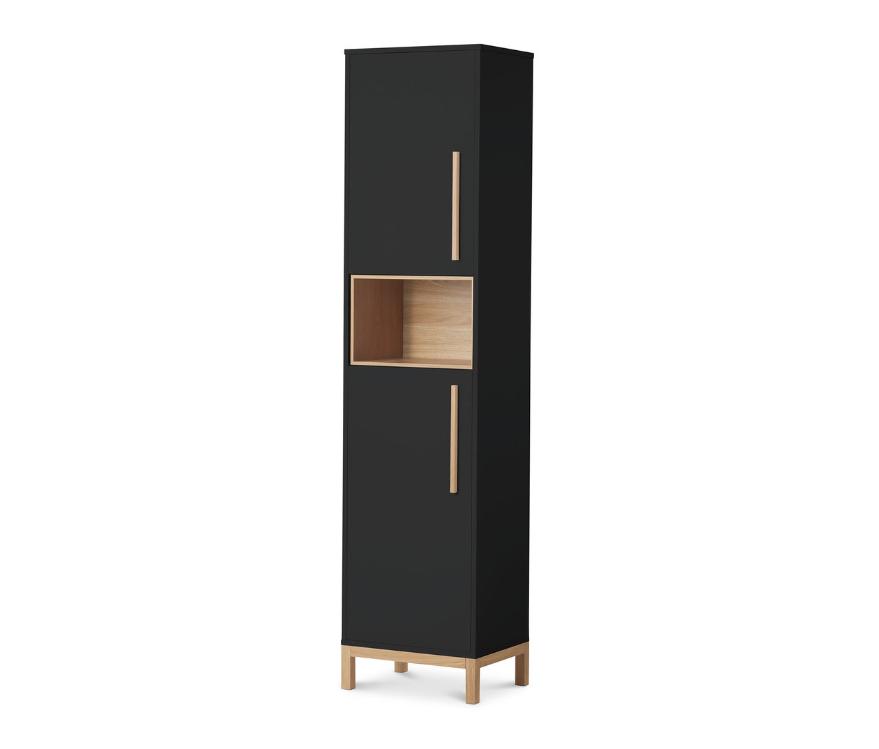 Ein schwarzer Bad-Hochschrank »Eklund« mit einem offenen Fach in der Mitte.