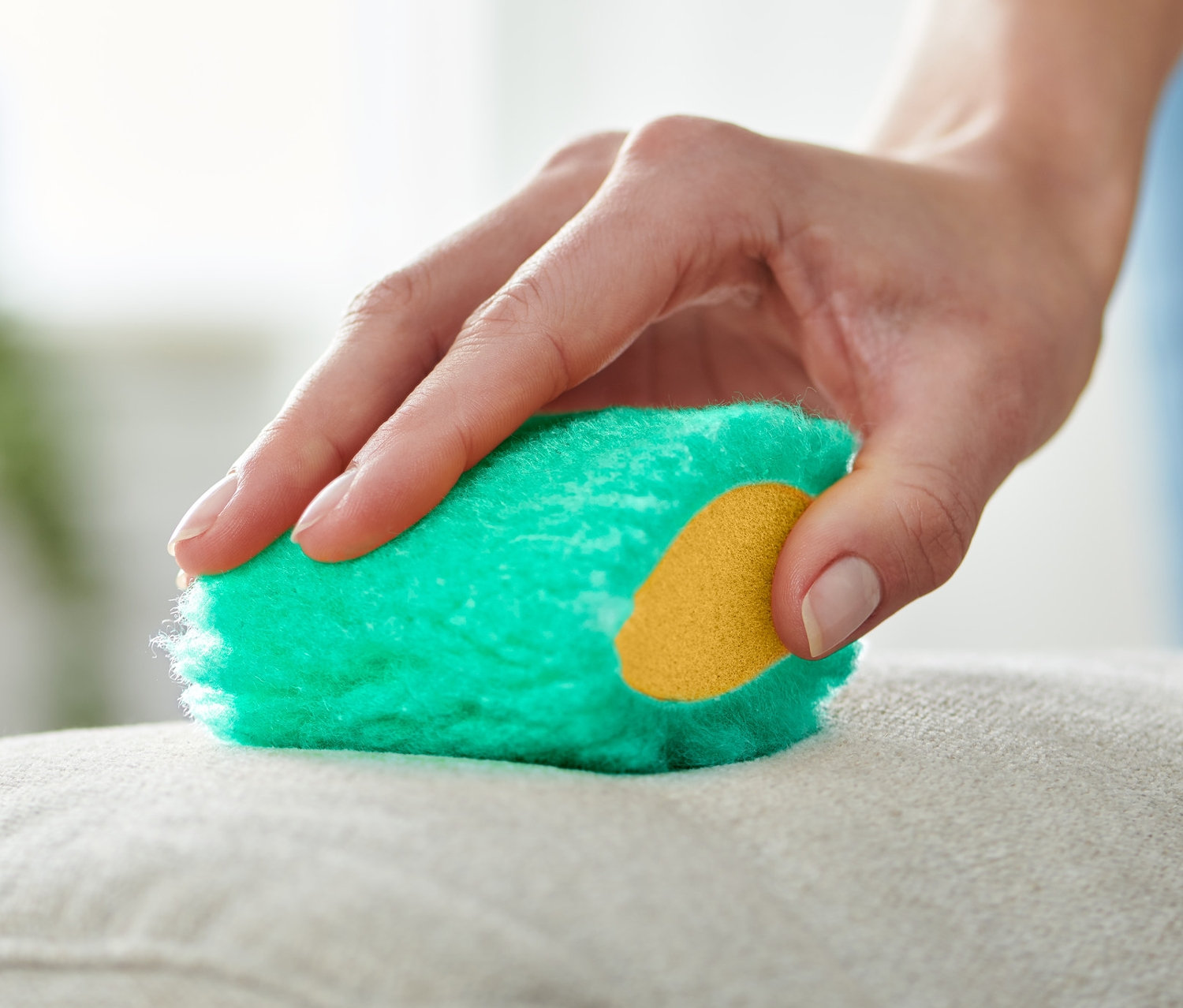 Eine Hand reinigt ein beiges Kissen mit einer grünen 2 Fleckenmäuse.