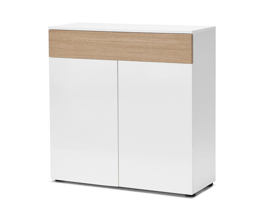 Weißes Highboard mit einer Schublade in Holzoptik oben.
