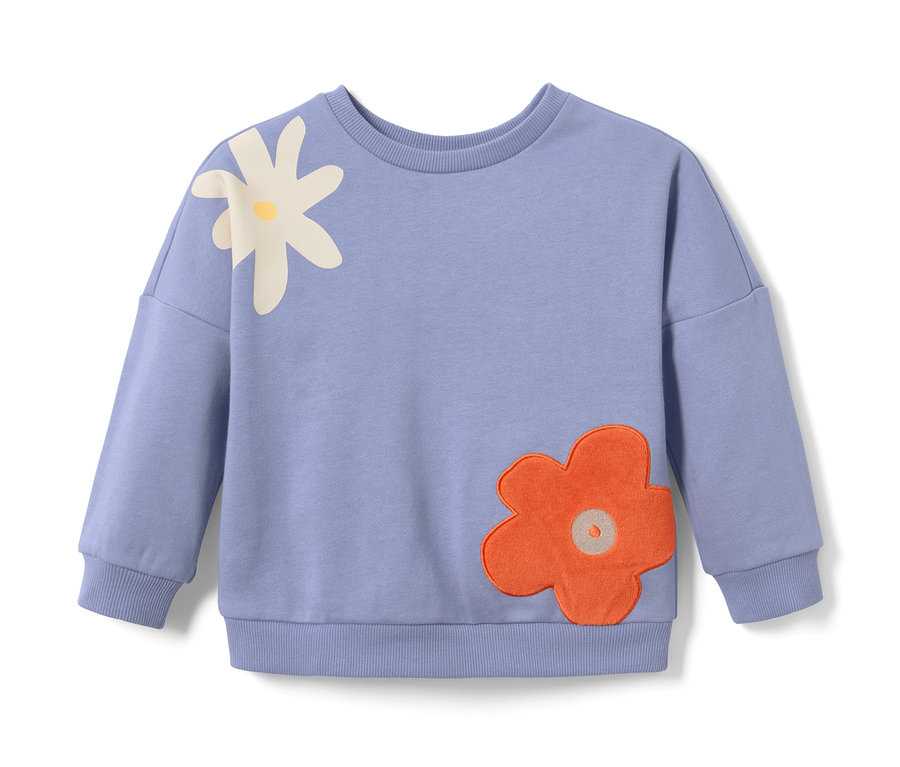 Lila Kleinkind-Sweatshirt mit Blumenapplikationen.