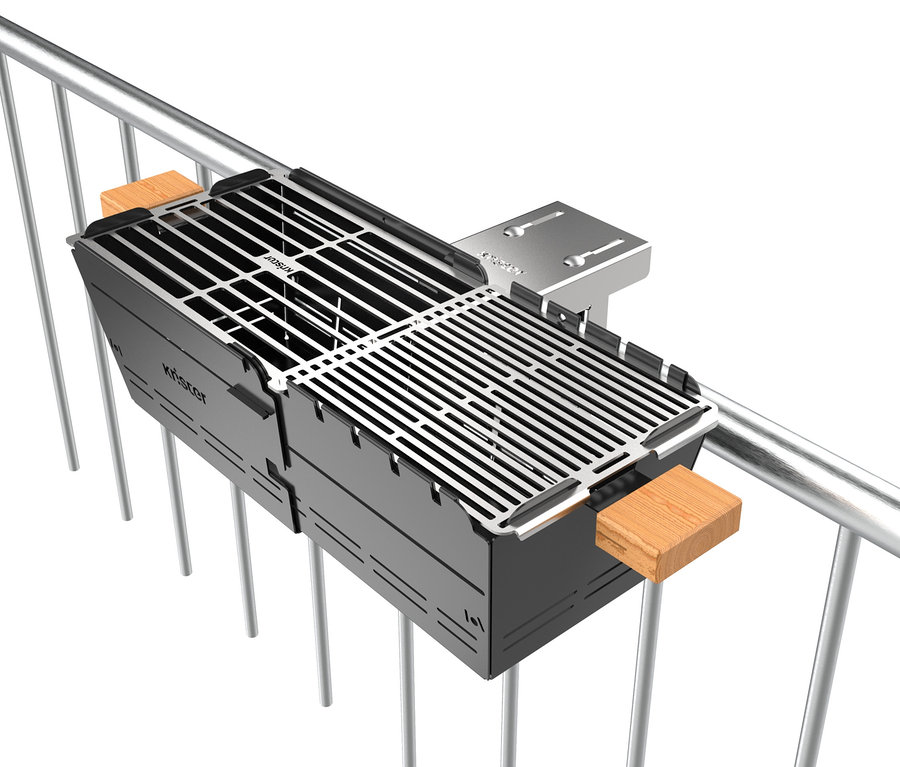 Knister Grill-Balkonhalterung ist an einem silbernen Balkongeländer befestigt.