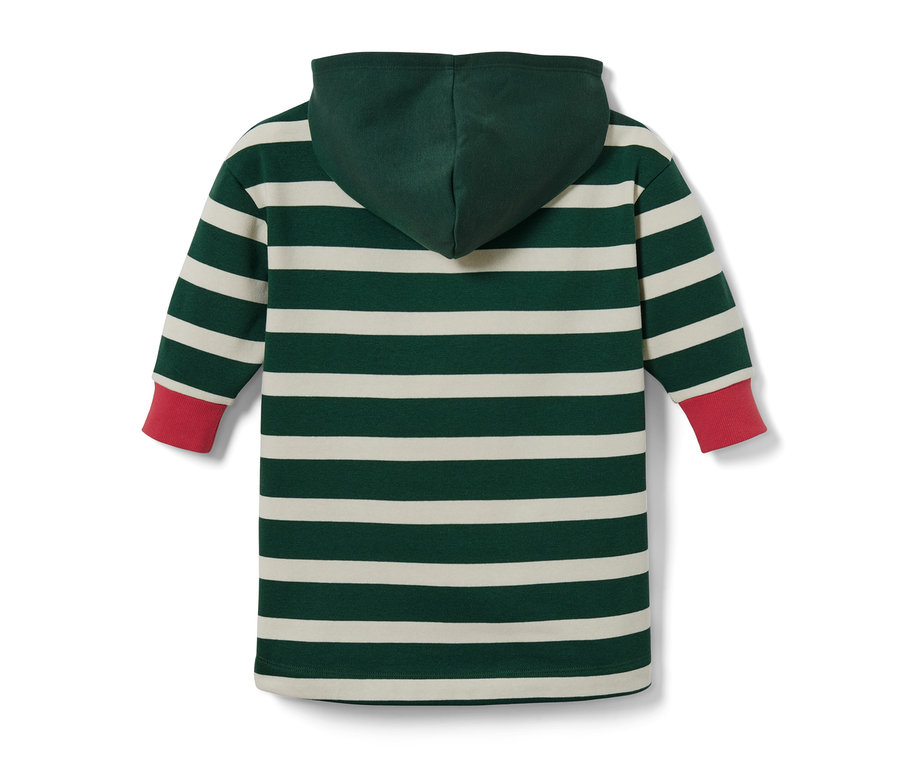 Rückansicht des gestreiften Longsweaters mit Kapuze.