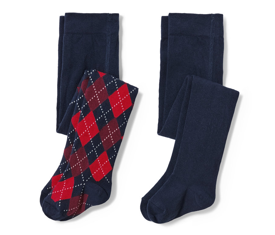 Zwei Kinder-Strumpfhosen mit Argyle-Muster.