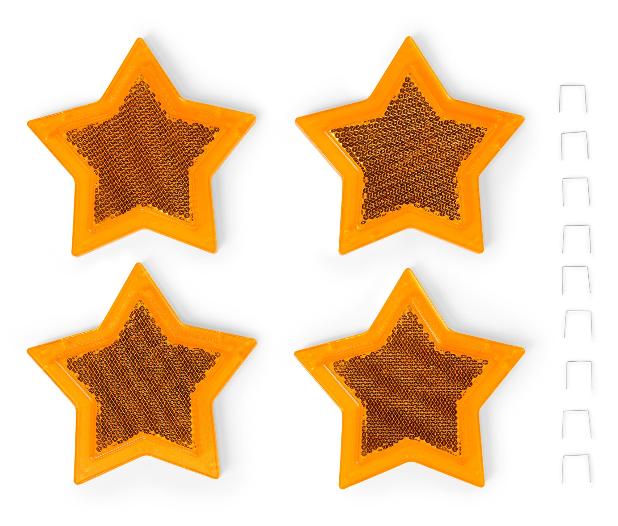 Vier orangefarbene Sternreflektoren und Speichenclips.