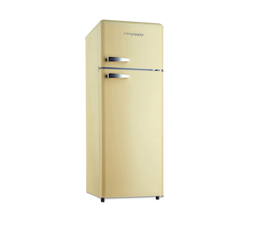 Cremefarbene Respekta® »KG146RetroCA++« Kühl-Gefrierkombination mit Edelstahlgriffen.