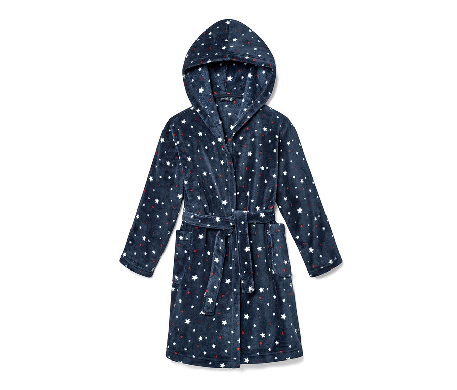 Blauer Kinder-Bademantel mit Kapuze, Sternen und Punkten.