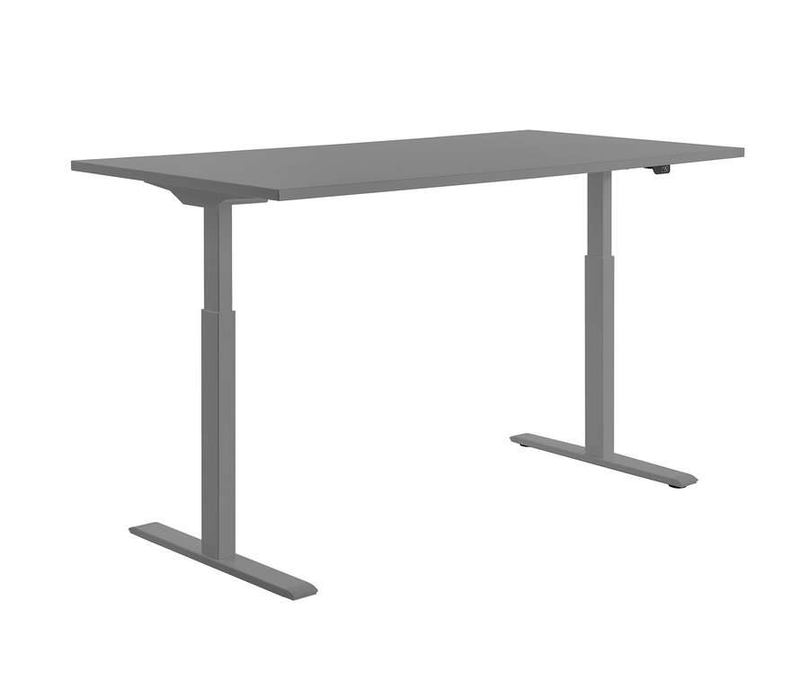 Ein arktisgrauer, elektrisch höhenverstellbarer Schreibtisch vor einem weißen Hintergrund. Zu sehen ist ein Topstar Schreibtisch.