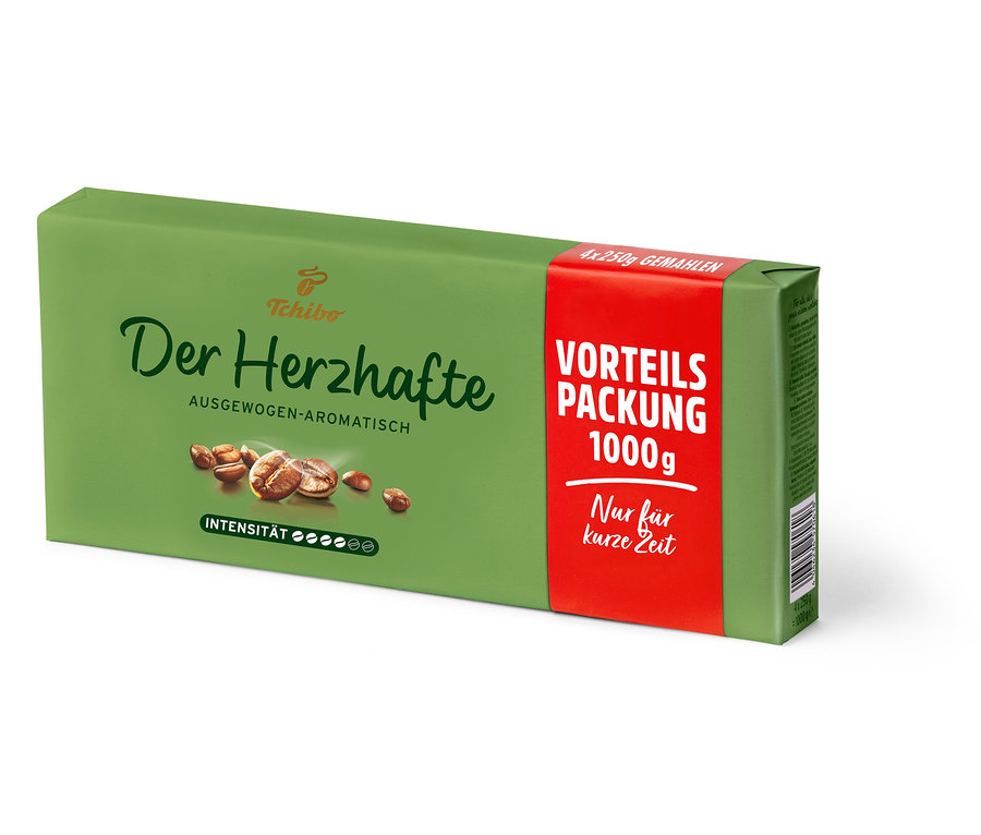 Eine 1 kg Packung Der Herzhafte Gemahlen Kaffee.
