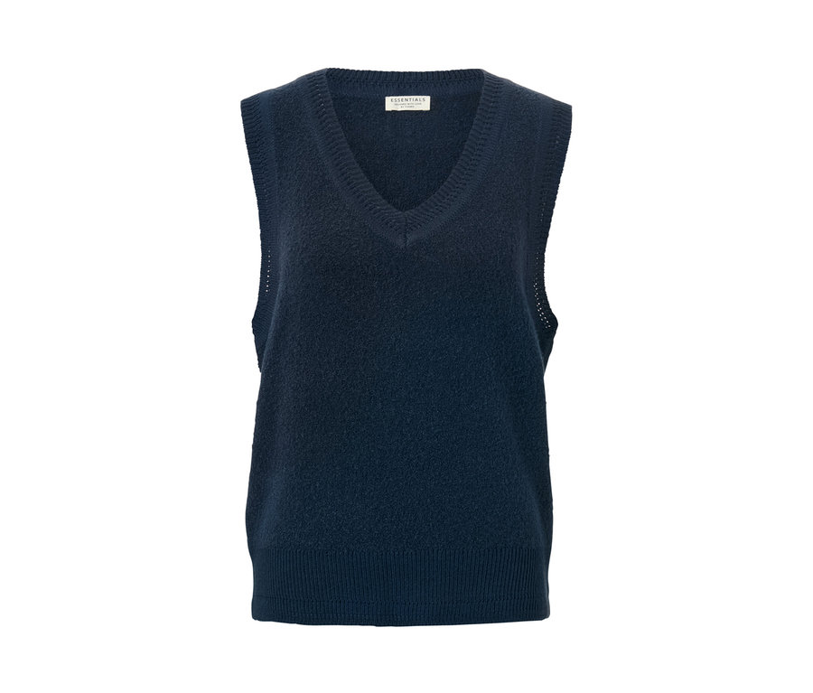 Ein marineblauer Strick-Pullunder in Boucléoptik.