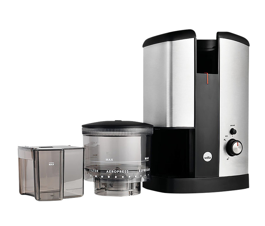 Silberne Wilfa Kaffeemühle »Svart Nymalt« mit Kaffeebehältern.