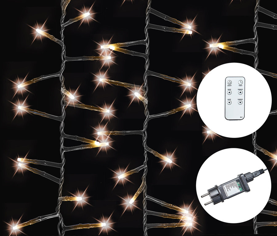 AMARE Lichterkette 30 m mit sternförmigen Lichtern, Fernbedienung und Stecker vor schwarzem Hintergrund.