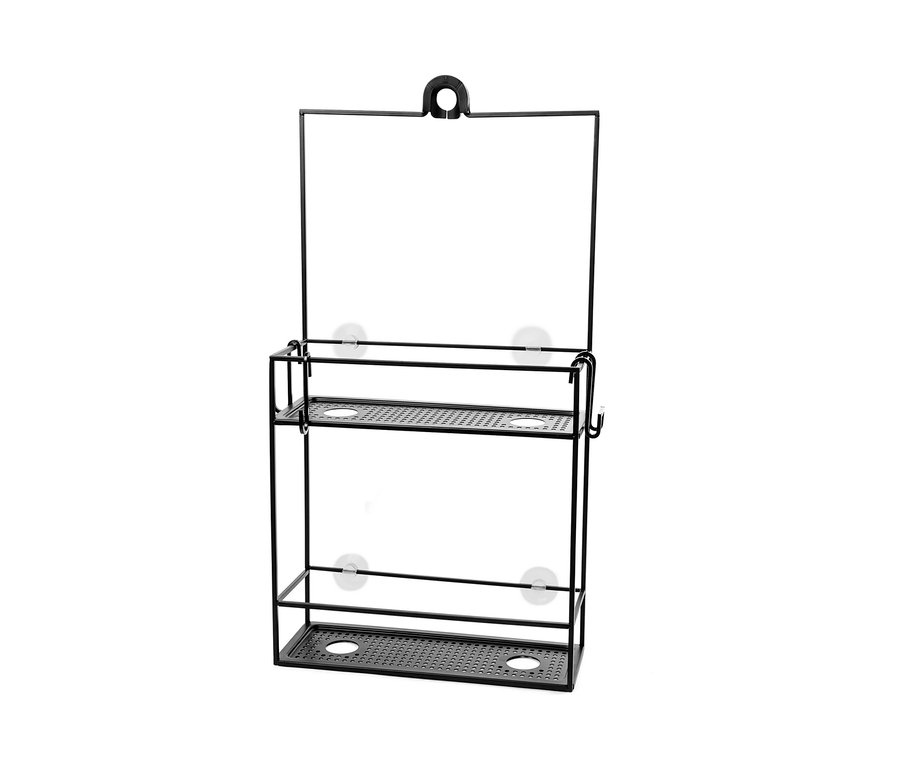 Ein schwarzes, hängendes Duschregal mit zwei Ablagen, das mit Saugnäpfen an der Wand befestigt ist.