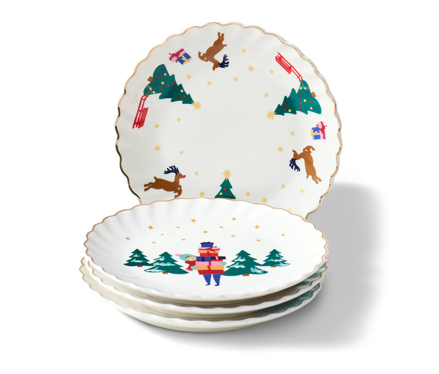 Vier Dessertteller mit Glanzgolddekor und Weihnachtsmotiven.