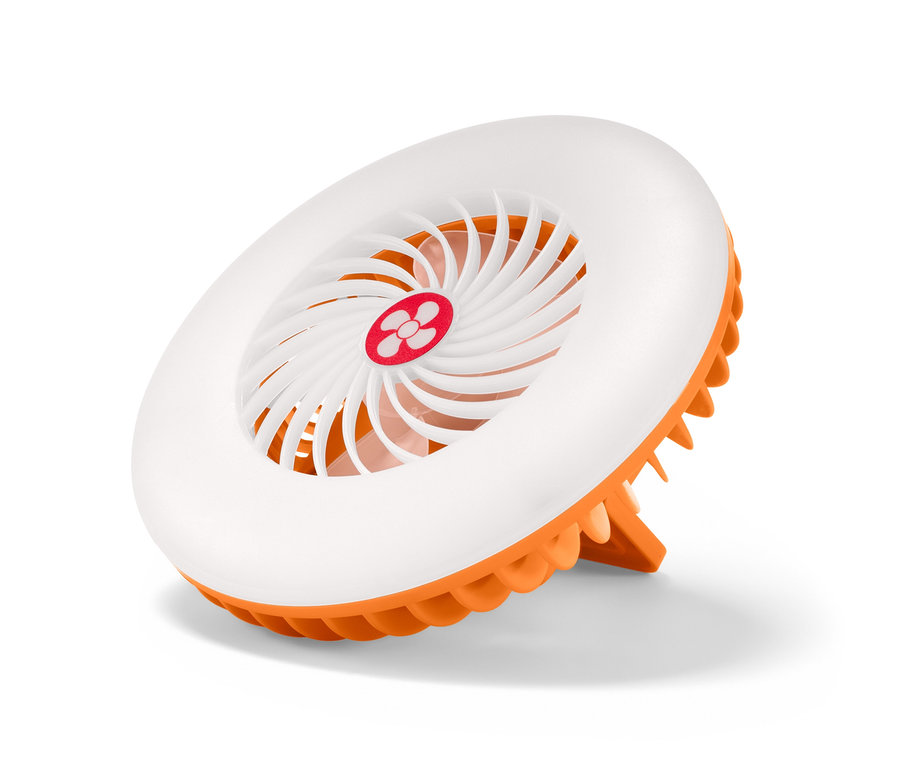 Ein weißer 2-in-1-LED-Ventilator mit orangefarbenem Rand und Ständer.