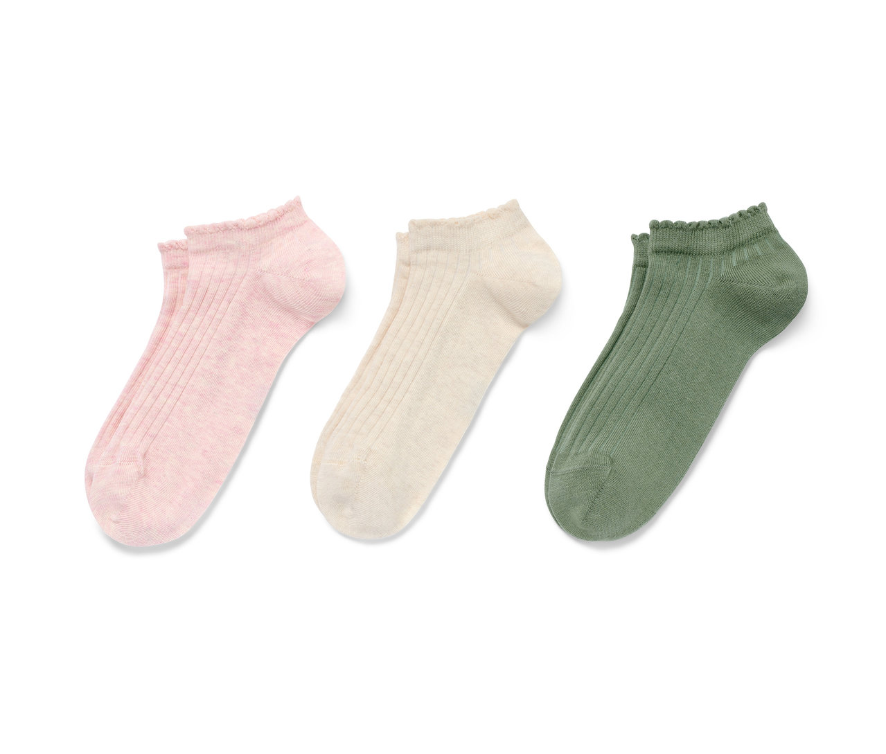 Drei Paar Ripp-Sneakersocken in Rosa, Creme und Grün.