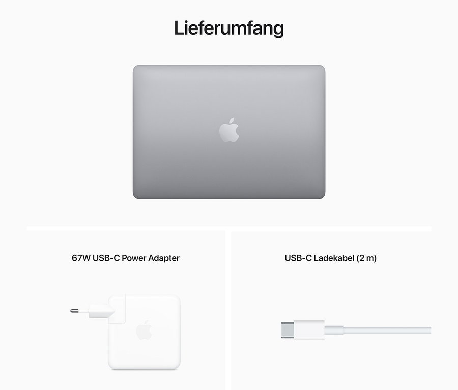 Graues Apple MacBook Pro 13" (2022), 67W USB-C-Netzteil und 2 m USB-C-Ladekabel.