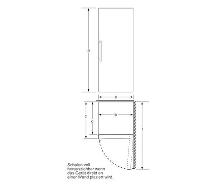 Diagramm eines Bosch Gefrierschranks GSN51AWCV mit Bemaßung.