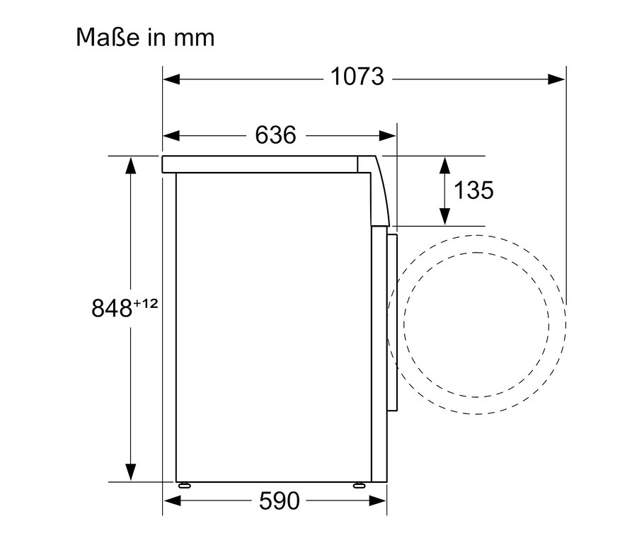 Weiße Schemazeichnung einer Bosch Waschmaschine »WGG2440R10« mit Maßangaben in Millimetern.