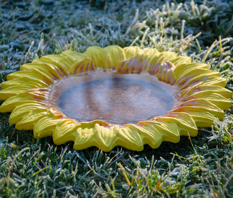 Gelbe Dobar Bunte Insektentränke »Fiore« in Sonnenblumenform liegt auf mit Frost bedecktem Gras.