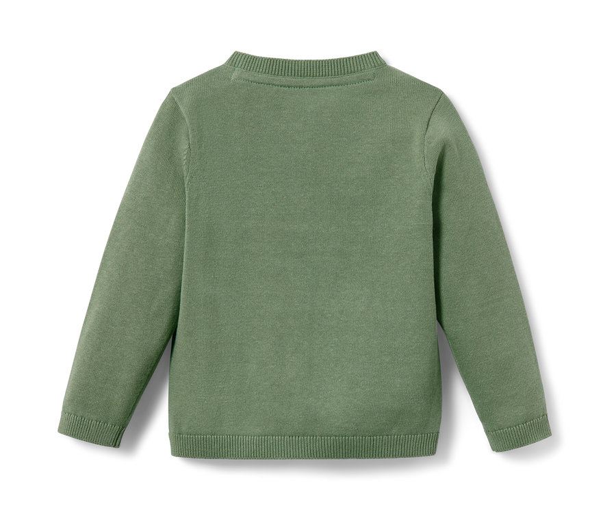 Rückseite einer olivgrünen Kinder-Jacquard-Strickjacke.