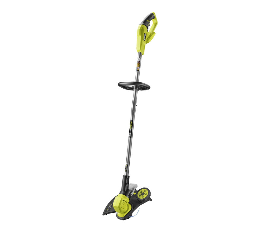 Ein gelb-schwarzer RYOBI 18 V One+ Akku-Rasentrimmer mit Radführung ist sichtbar.