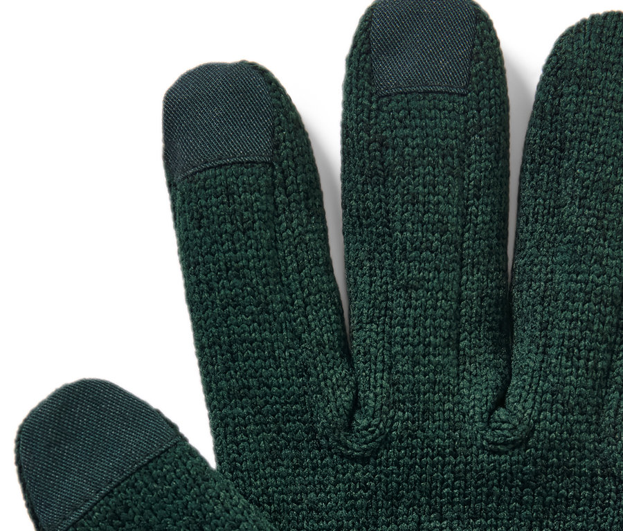 Nahaufnahme eines grünen Strickfleece-Handschuhs.