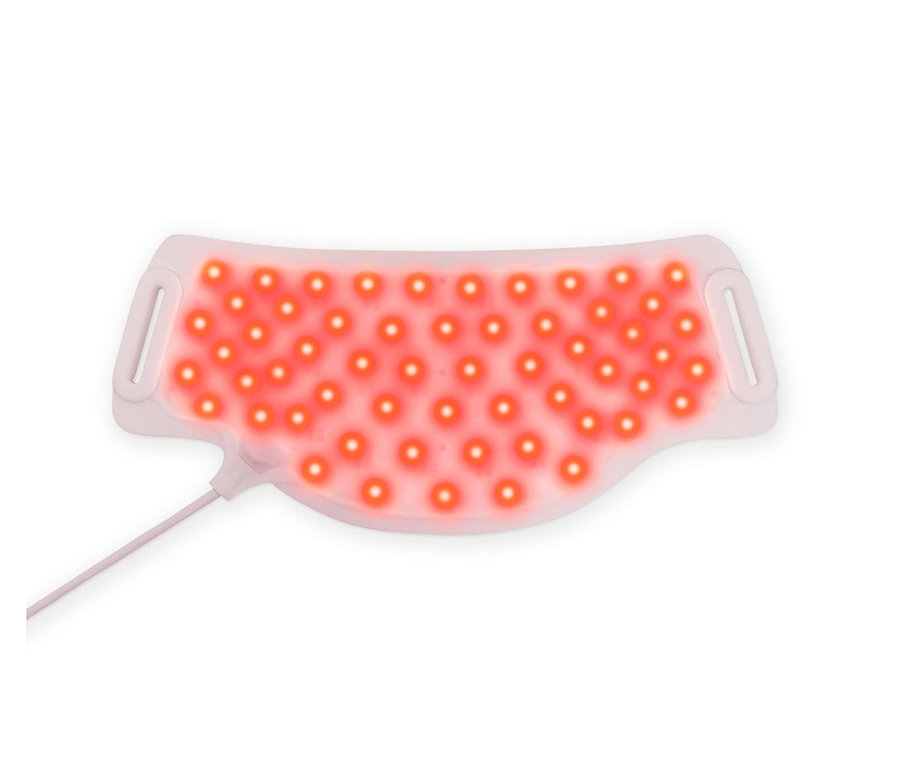 Nahaufnahme der Silk'n LED-Nackenmaske mit vielen roten Lichtern auf weißem Hintergrund.