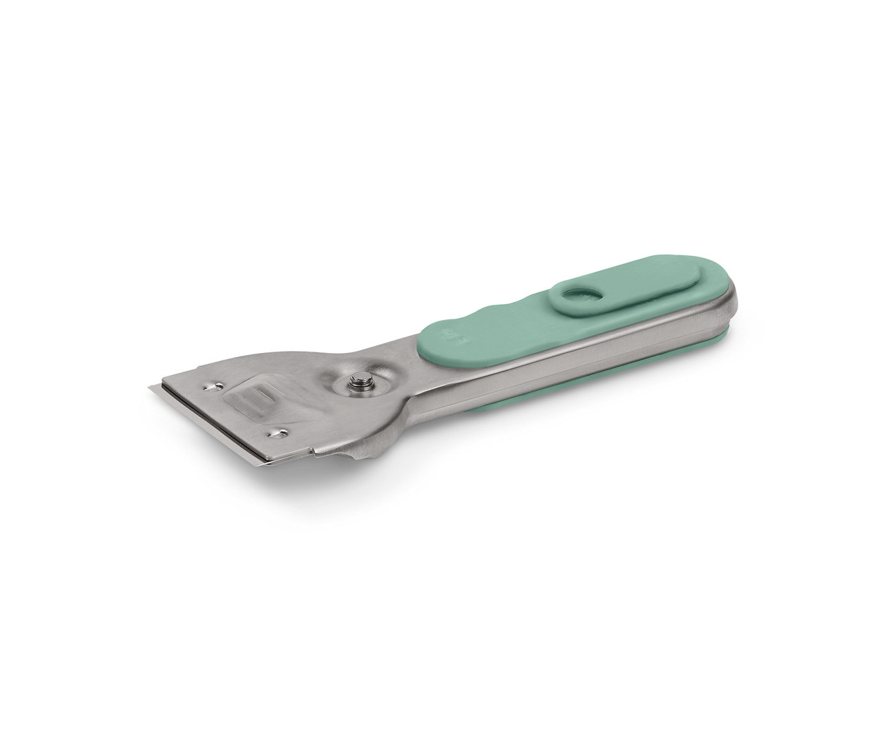 Ein Reinigungsschaber mit silbernem Metallkopf und einem grünen Griff.