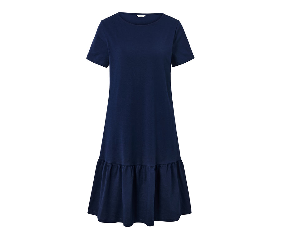 Marineblaues Jerseykleid mit Volant.