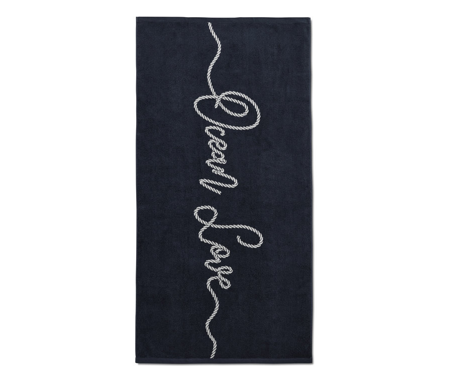 Marineblaues, extragroßes Badetuch mit weißem Seil-Schriftzug.