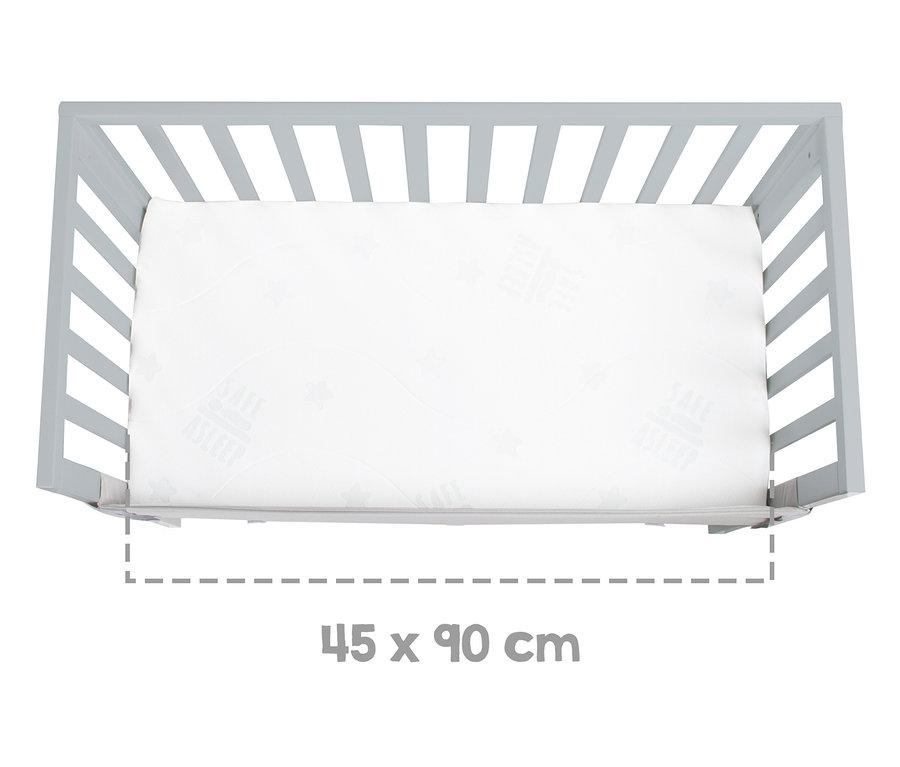 Draufsicht auf ein taupefarbenes roba 2-in-1-Beistellbett »safe asleep®« mit weißer Matratze.