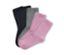 Vier Paar Kinder-Socken: zwei schwarze, ein graues und ein pastellviolettes.