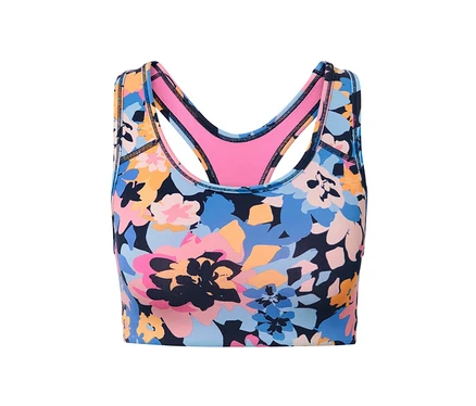 Detailansicht von einem Sport-Bustier mit Blumenmuster.