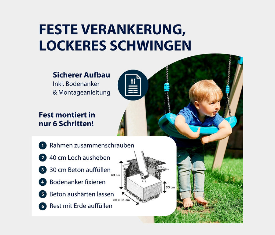 Ein Junge sitzt auf einer blauen HUDORA Schaukel »Start«.