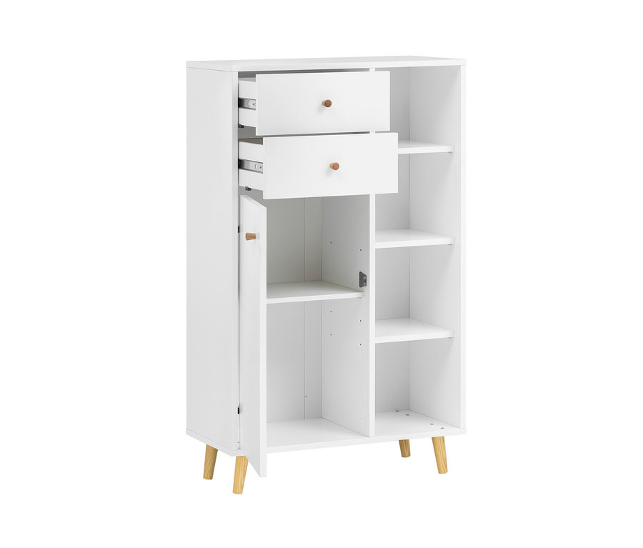 Weißes Highboard »Bjarne« mit zwei Schubladen und offenem Schrank.