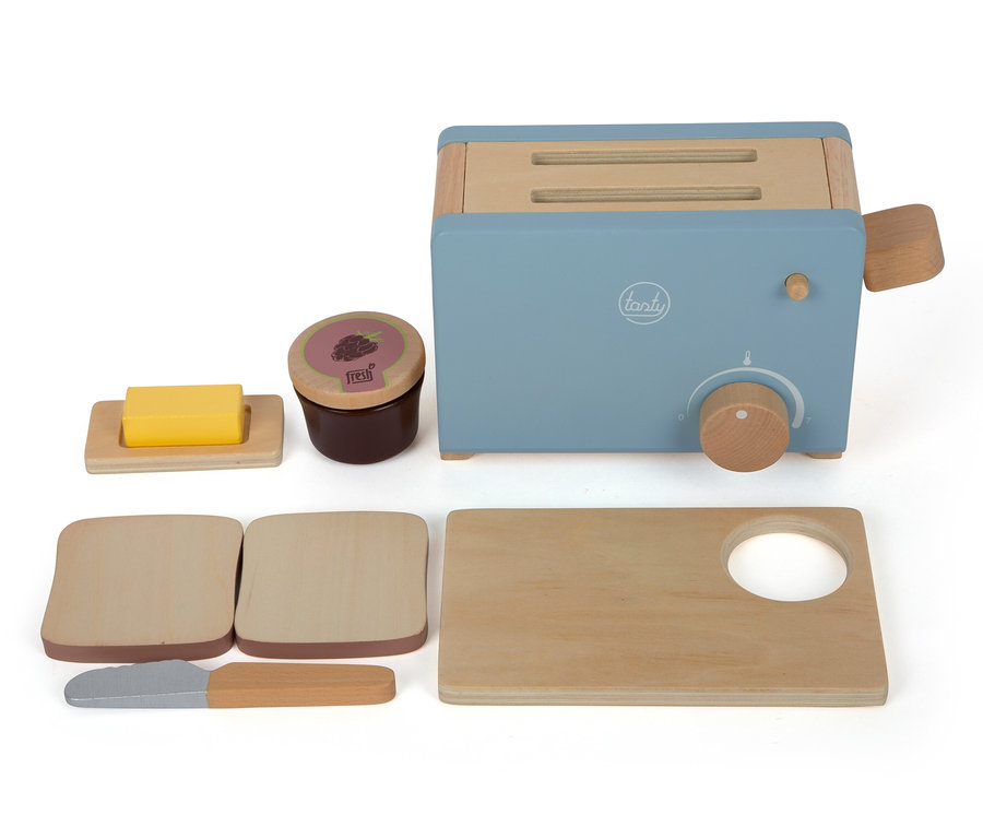 Blauer small foot Toaster-Set »tasty« mit Holzzubehör: Brot, Messer, Butter und Marmelade.