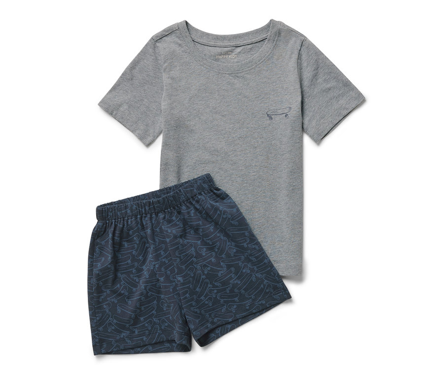 Kinder-Shorty-Pyjama: graues Kurzarm-T-Shirt mit Skateboard-Print und blaue Shorts mit Skateboard-Muster.