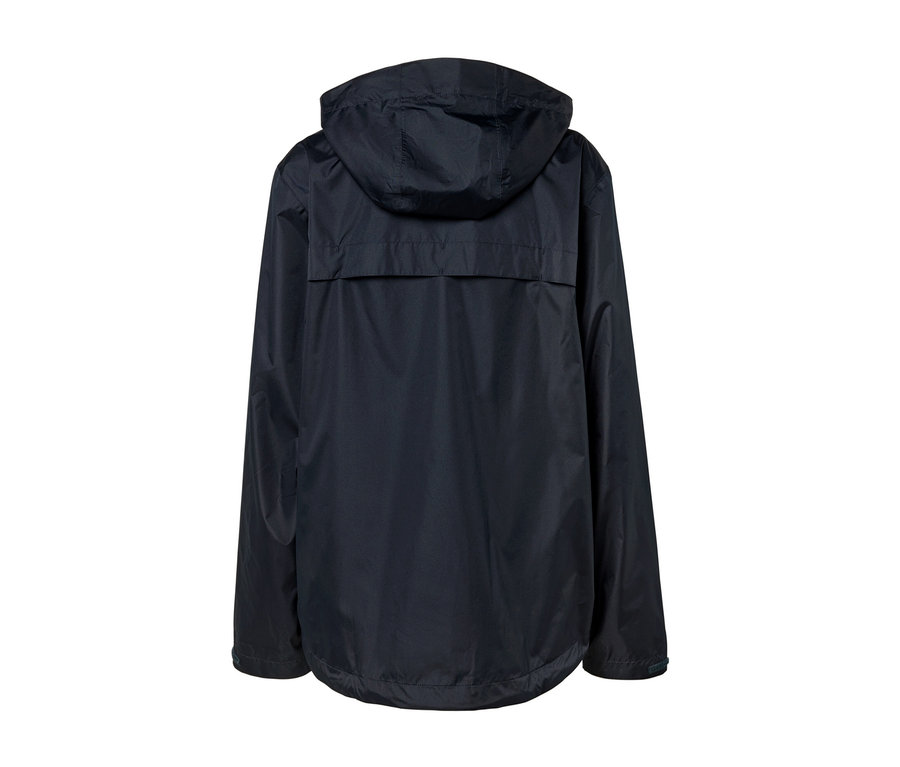 Detailansicht der Rückseite einer Unisex-Regenjacke mit Kapuze.