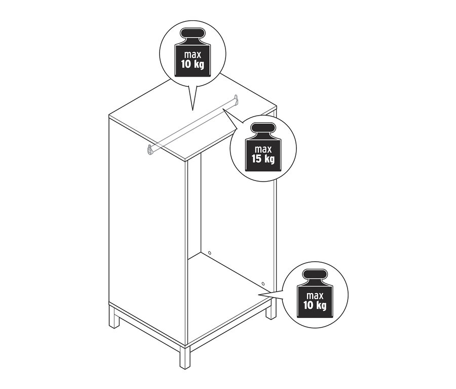 Eine Skizze eines offenen Schranks mit einer maximalen Tragfähigkeit von 10 kg auf der Oberseite und 15 kg auf der Stange.