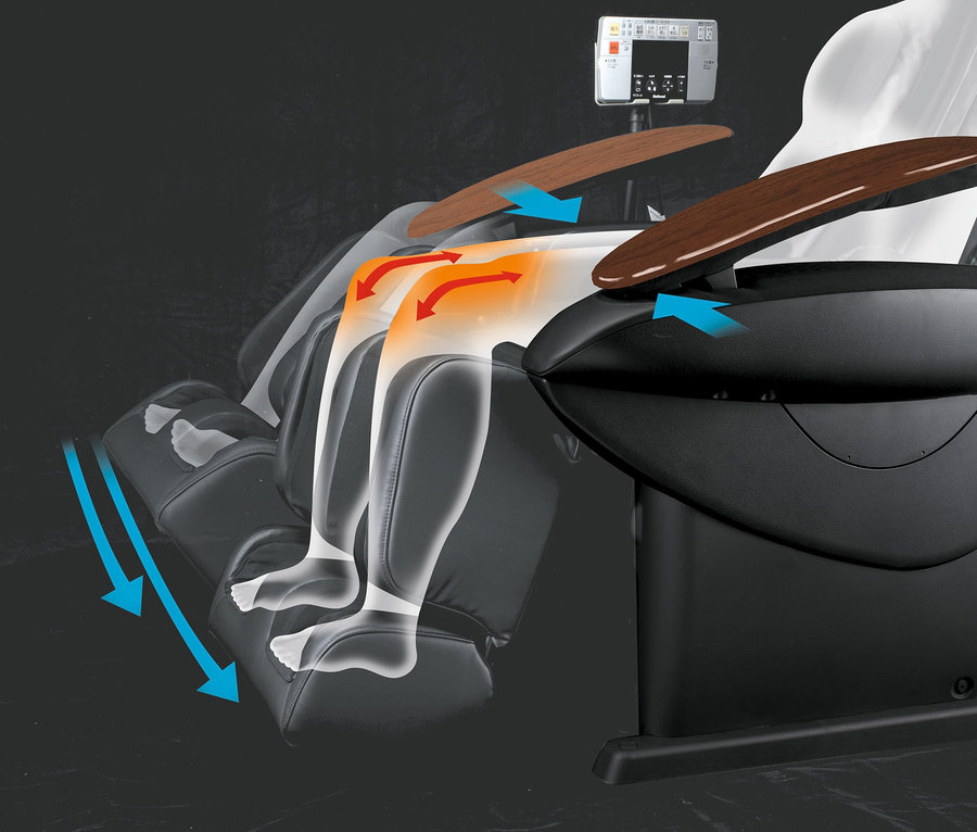 Schwarzer Massagesessel "Panasonic MA 59" mit schematischer Darstellung der Beinmassage.