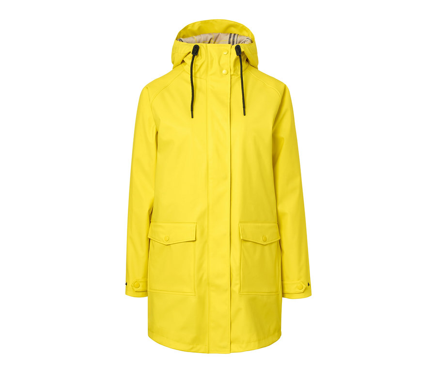 Gelber Regenparka »Friesennerz« mit Kapuze und Taschen.