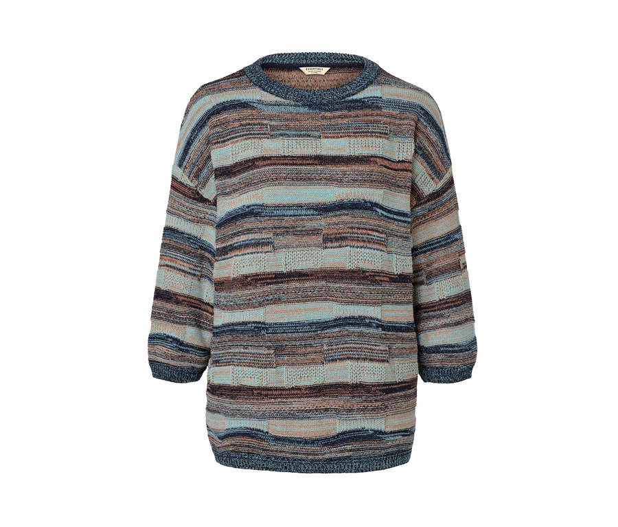Mehrfarbiger Strickpullover mit horizontalen Streifen und quadratischen Details.