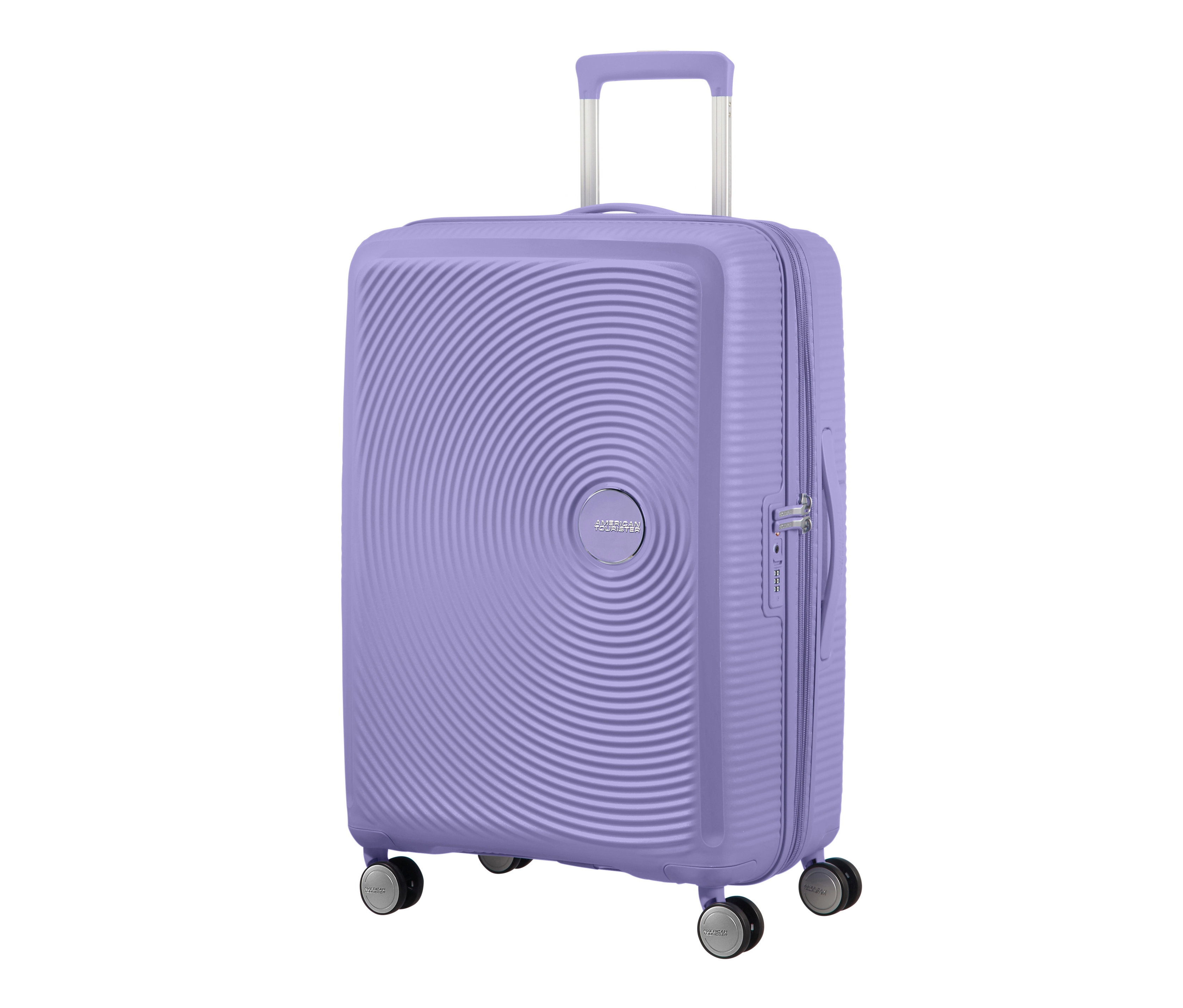 Ein mittelgrosser, lavendelfarbener American Tourister Hartschalenkoffer »Soundbox« Spinner.