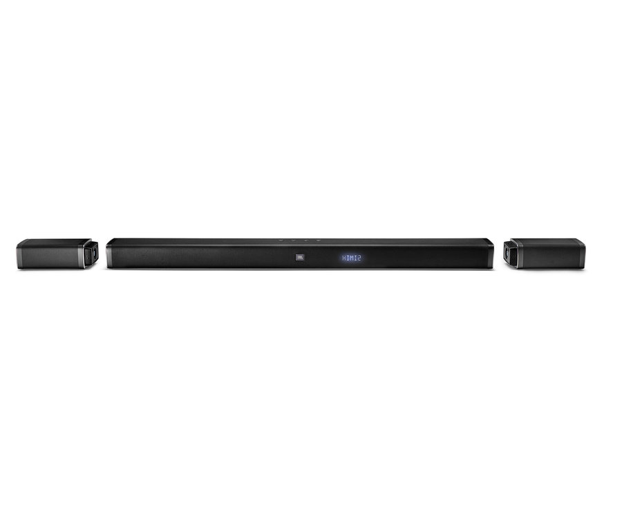 Schwarze JBL BAR 5.1 4K Ultra HD-Soundbar mit kabellosen Surround-Lautsprechern.