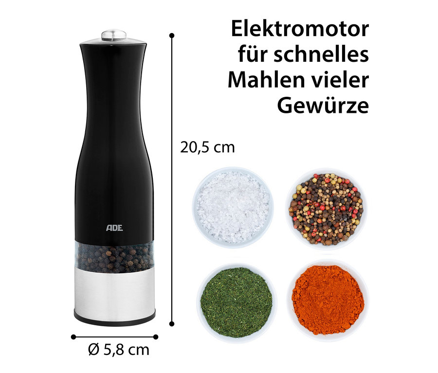 Schwarze elektrische Salz- und Pfeffermühle von ADE mit Beleuchtung neben vier Schalen mit Gewürzen.